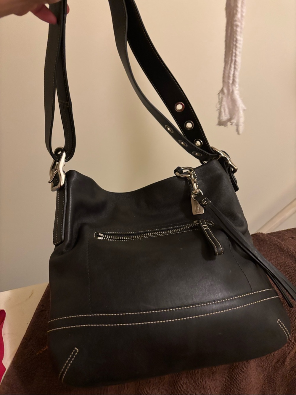 Coach Black Leather Shoulder Bag with Tassel and Contrast Stitching